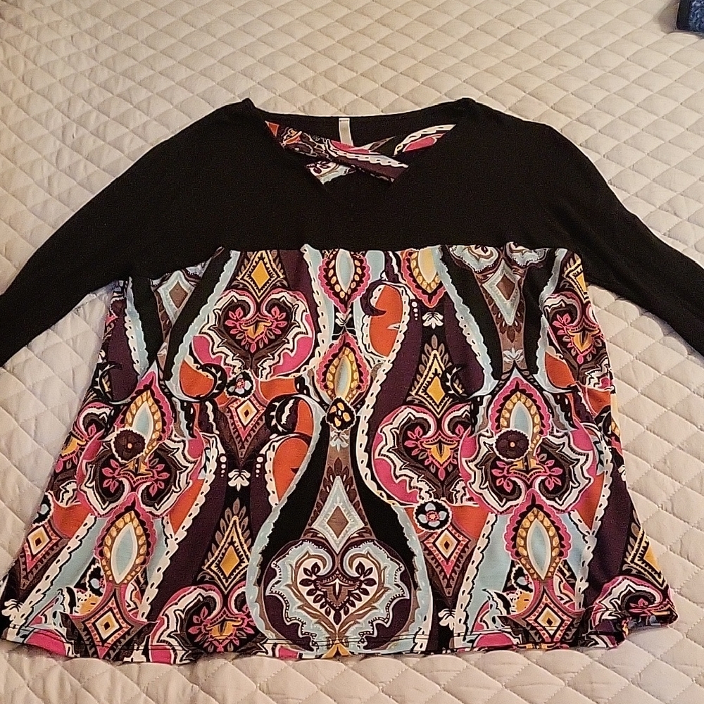 Chic Black and Multicolor Patterned Blouse